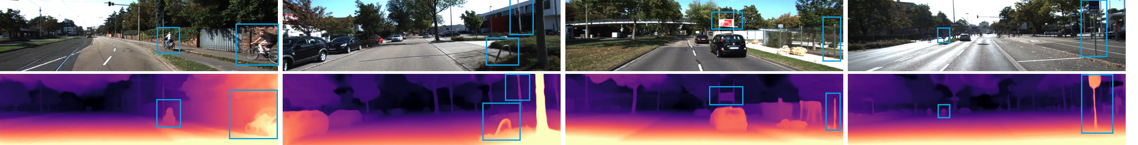 Input images (top) and FlexDepth predicted depth maps (bottom) on KITTI